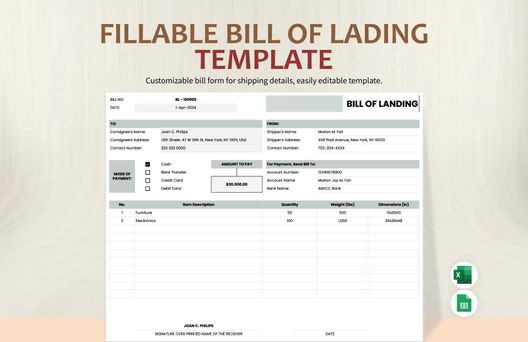 Fillable Bill of Lading Template