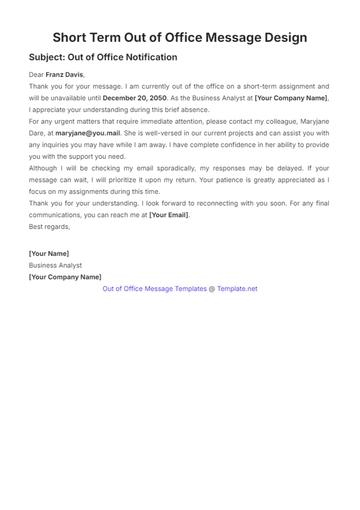 Free Short Term Out of Office Message Design Template to Edit Online