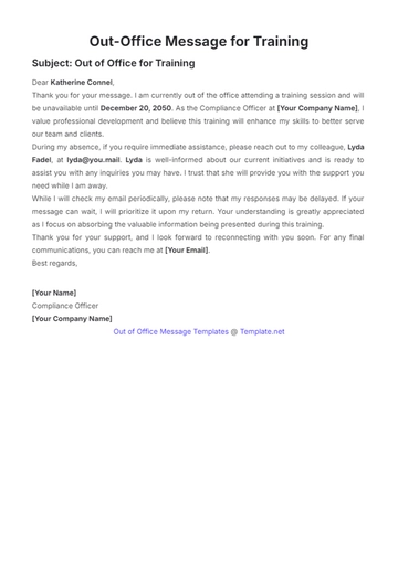 Free Out of Office Message for Training Template to Edit Online