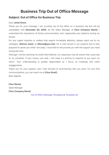 Free Business Trip Out of Office Message Template to Edit Online