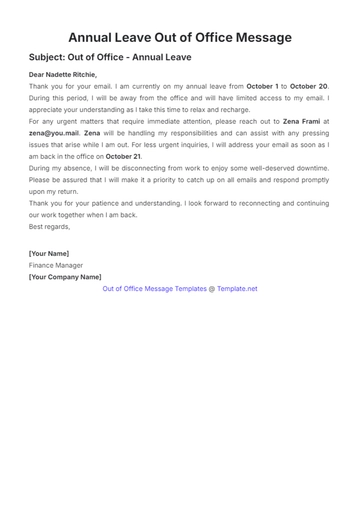 Free Annual Leave Out of Office Message Template to Edit Online