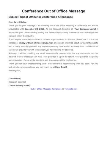 Free Conference Out of Office Message Template to Edit Online