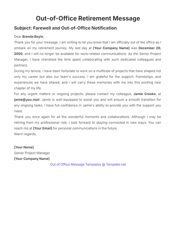 Free Out of Office Retirement Message Template to Edit Online