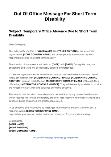 Free Out Of Office Message For Short Term Disability Template to Edit Online
