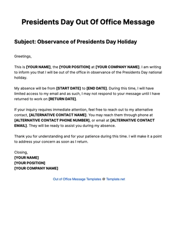 Free Presidents Day Out Of Office Message Template to Edit Online