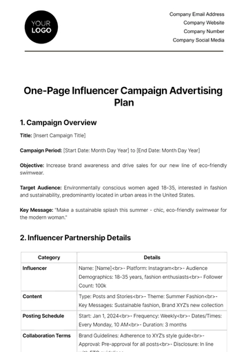 Free One-Page Influencer Campaign Advertising Plan Template to Edit Online