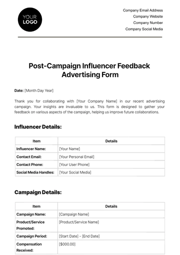 Free Post-Campaign Influencer Feedback Advertising Form Template to Edit Online