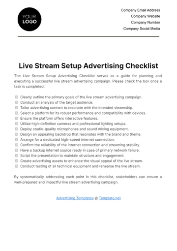 Free Live Stream Setup Advertising Checklist Template to Edit Online