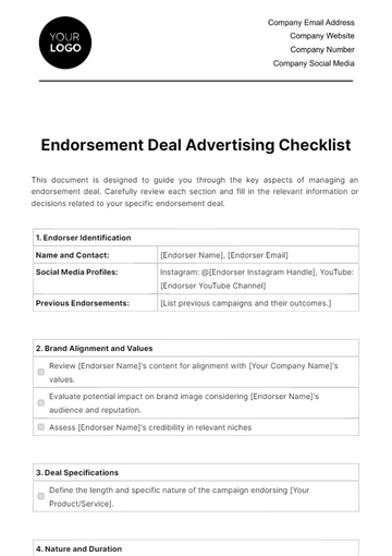 Free Endorsement Deal Advertising Checklist Template to Edit Online