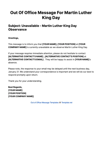 Free Out Of Office Message For Martin Luther King Day Template to Edit Online