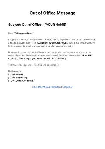 Free Out Of Office Message For Work Event Template to Edit Online