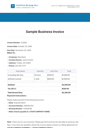 Free Sample Business Invoice Template to Edit Online