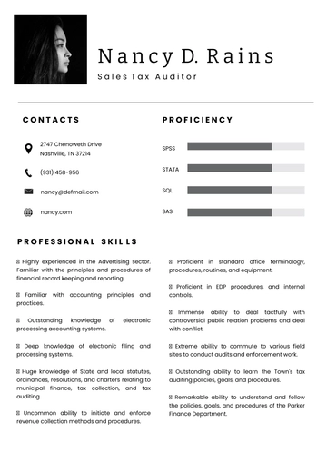 Free Sales Tax Auditor Resume Template to Edit Online