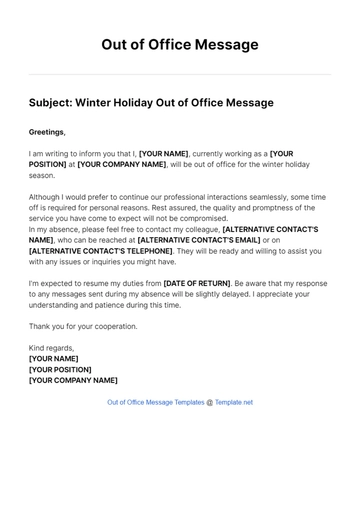 Free Out Of Office Message Winter Holiday Template to Edit Online