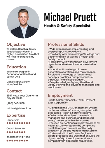 Free Health & Safety Specialist Resume to Edit Online