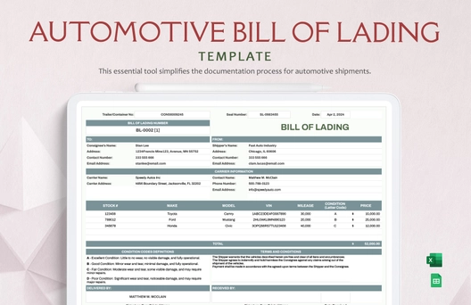 Automotive Bill of Lading Template