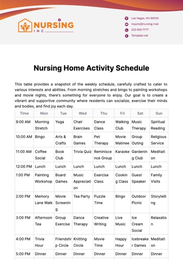 Free Nursing Home Activity Schedule Template to Edit Online