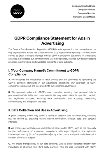 Free GDPR Compliance Statement for Ads in Advertising Template to Edit Online
