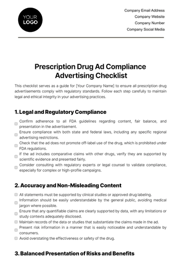 Free Prescription Drug Ad Compliance Advertising Checklist Template to Edit Online