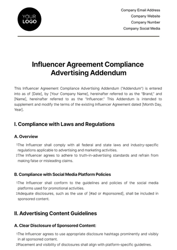 Free Influencer Agreement Compliance Advertising Addendum Template to Edit Online