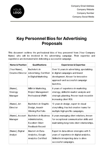 Free Key Personnel Bios for Advertising Proposals Template to Edit Online