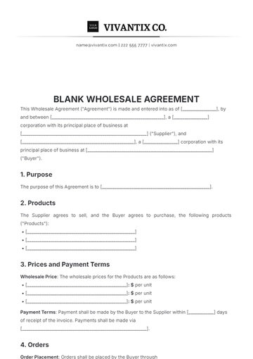 Free Blank Wholesale Agreement Template to Edit Online