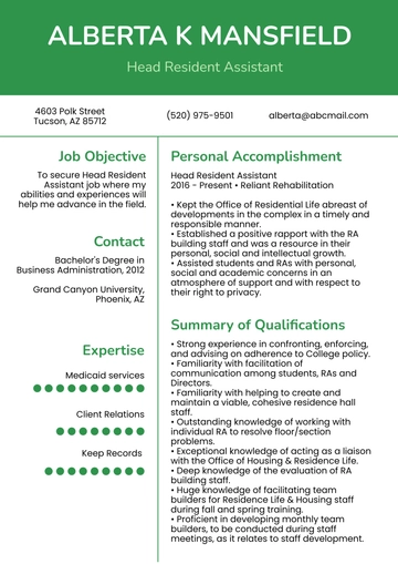 Free Head Resident Assistant Resume to Edit Online