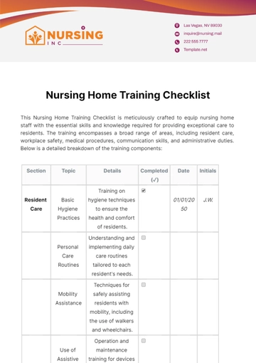 Free Nursing Home Training Checklist Template to Edit Online