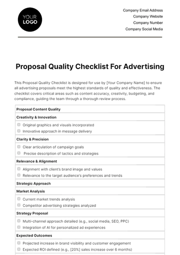 Free Proposal Quality Checklist for Advertising Template to Edit Online
