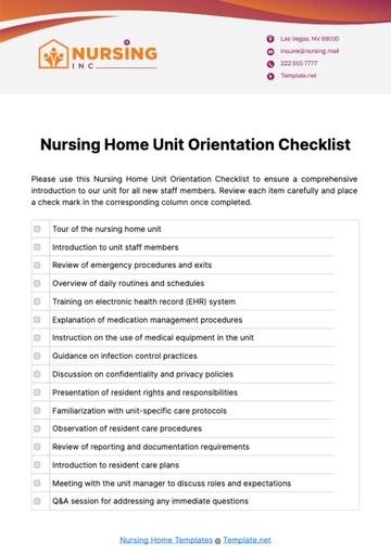 Free Nursing Home Unit Orientation Checklist Template to Edit Online