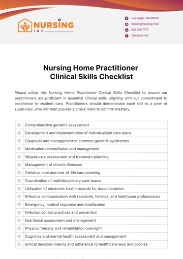 Free Nursing Home Practitioner Clinical Skills Checklist Template to Edit Online