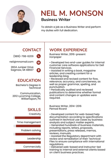 Free Business Writer Resume to Edit Online