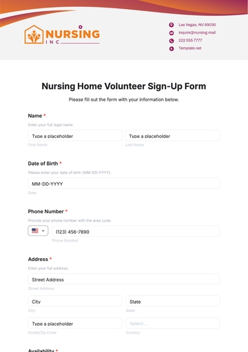 Nursing Home Volunteer Sign-Up Form Template - Edit Online & Download