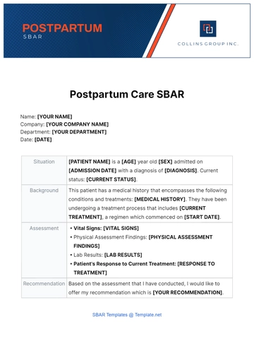 Free Postpartum Care SBAR Template to Edit Online
