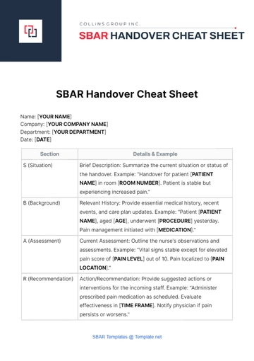 Free SBAR Handover Cheat Sheet Template to Edit Online
