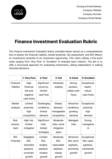 Free Finance Investment Evaluation Rubric Template to Edit Online
