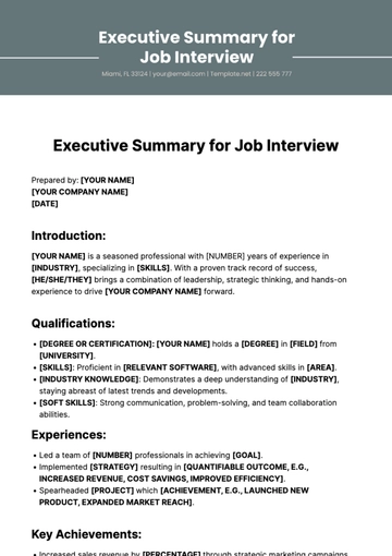 Free Executive Summary for Job Interview Template to Edit Online