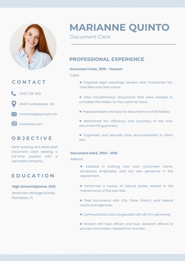 Free Document Clerk Resume Template to Edit Online