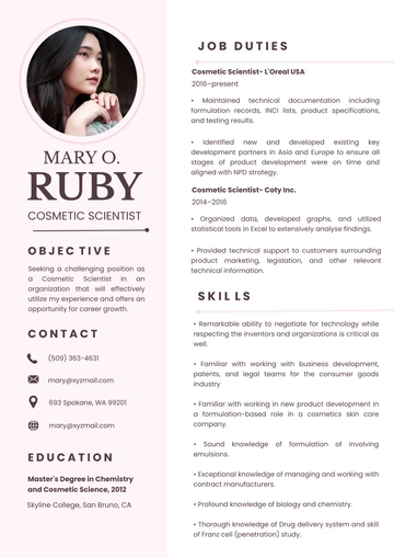 Free Cosmetic Scientist Resume Template to Edit Online