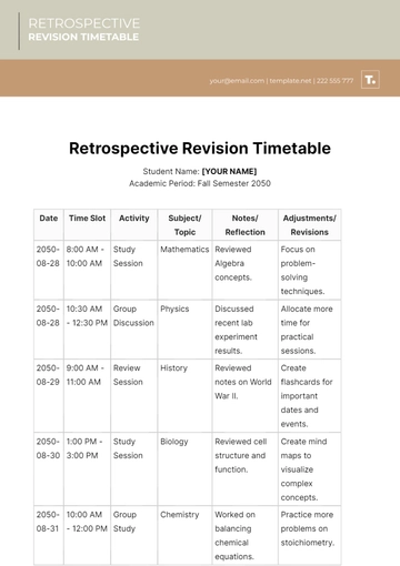 Free Retrospective Revision Timetable Template to Edit Online