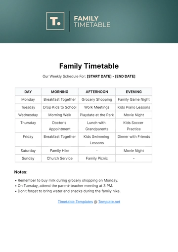 Free Family Timetable Template to Edit Online