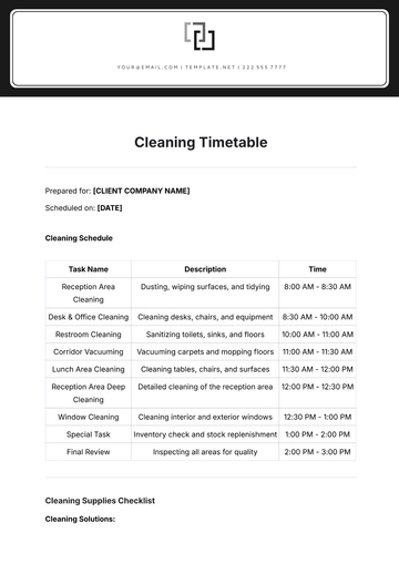 Free Cleaning Timetable Template to Edit Online
