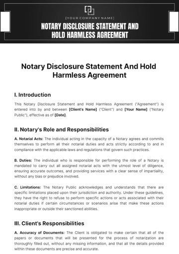 Free Notary Disclosure Statement And Hold Harmless Agreement Template to Edit Online