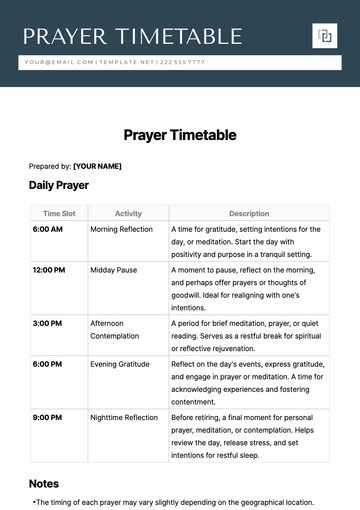 Free Prayer Timetable Template to Edit Online