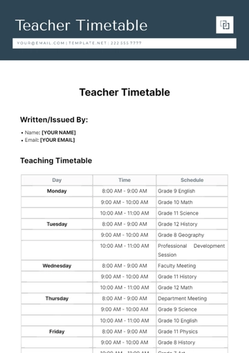 Free Teacher Timetable Template to Edit Online