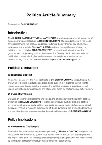 Free Politics Article Summary to Edit Online