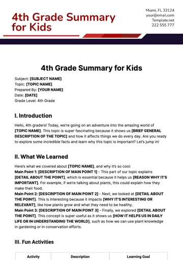 Free 4th Grade Summary for Kids Template to Edit Online