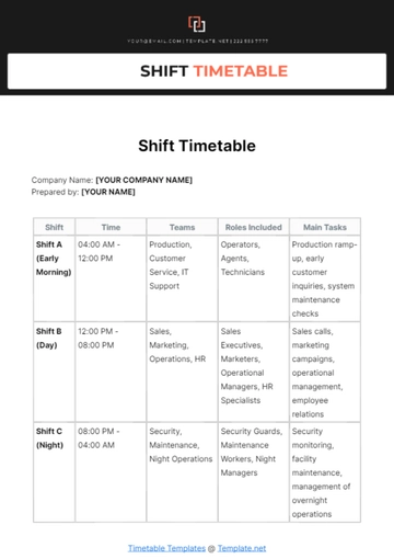 Free Shift Timetable Template to Edit Online