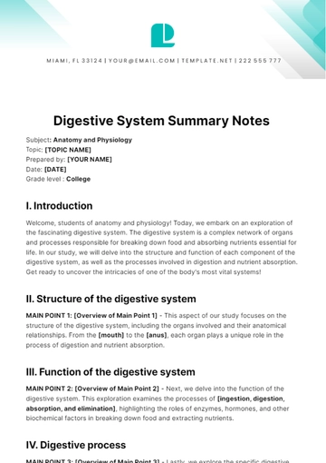 Free Digestive System Summary Notes Template to Edit Online