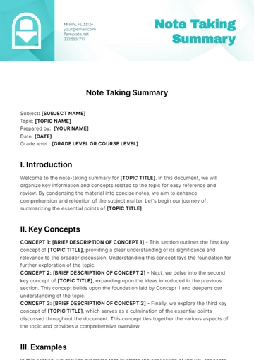 Free Note Taking Summary Template to Edit Online